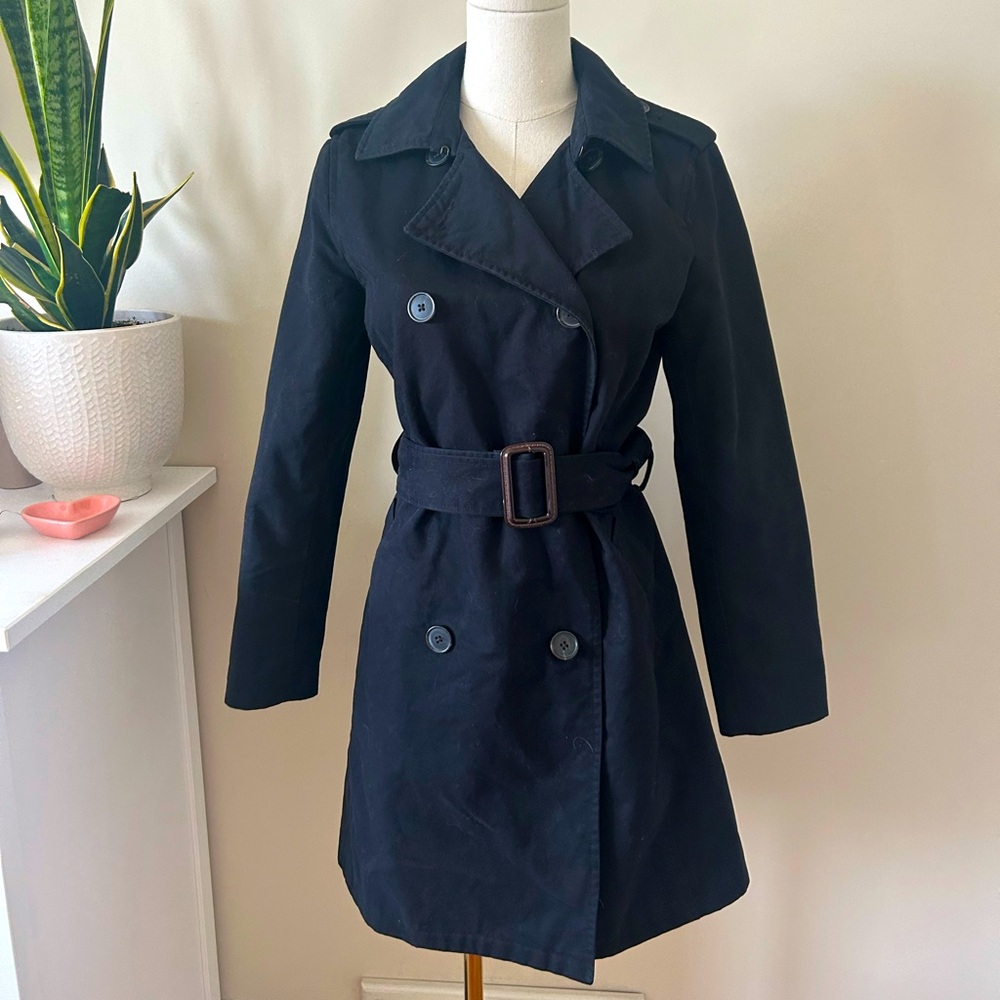 Old Navy soft black cotton Trench coat with waist tie belt mid length sz xs